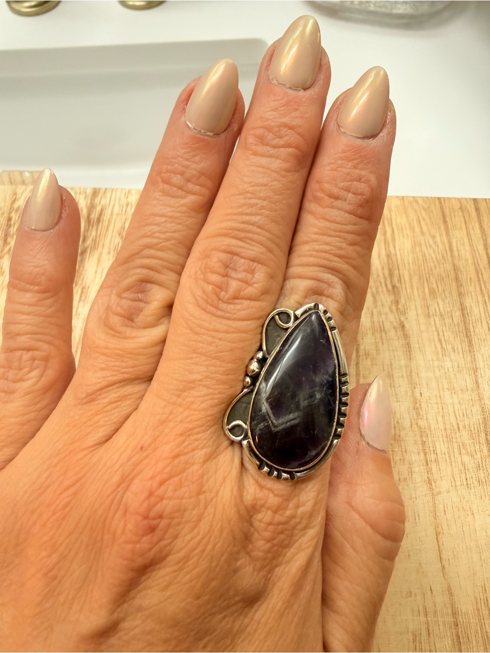 Sterling Silver Teardrop Amethyst Ring — Purple Statement Band